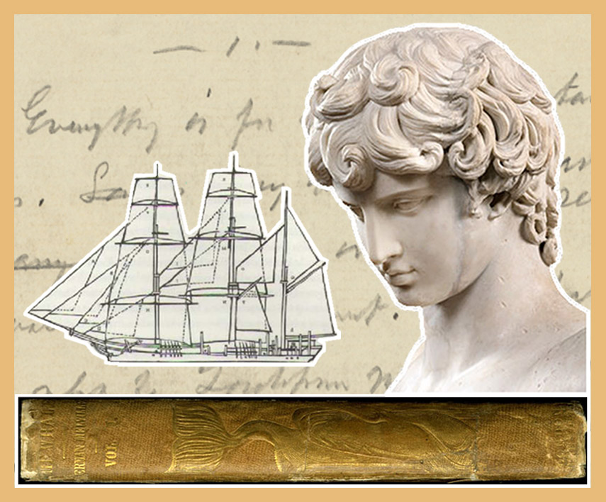 Mashup of Moby Dick book spine, Antinous and Billy Bugg manuscript